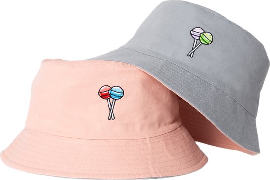 Reversible bucket hat - mybuckethat - lolly's - roze/grijs - vissershoedje - katoen - geborduurd