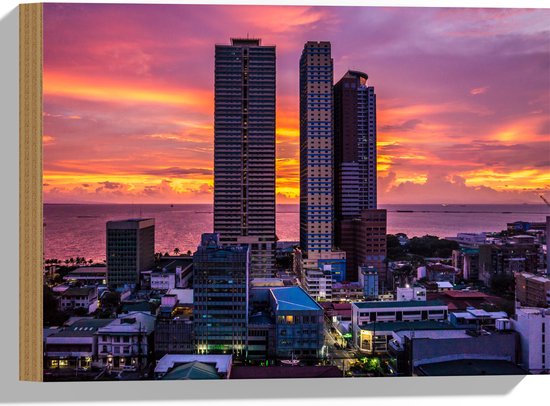 WallClassics - Hout - Gebouwen met Uitzicht op de Baai van Manilla - 40x30 cm - 9 mm dik - Foto op Hout (Met Ophangsysteem)