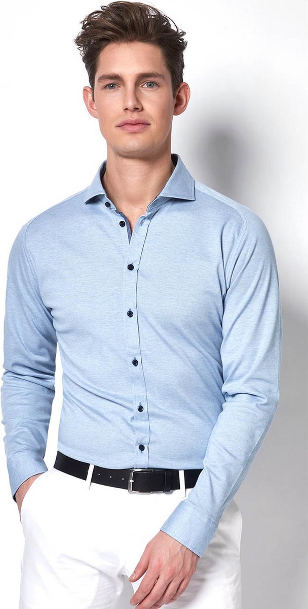 DESOTO slim fit overhemd - stretch pique tricot haifisch kraag - lichtblauw melange - Strijkvrij - Boordmaat: 37/38