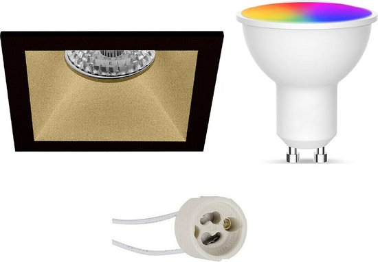 LED Spot Set GU10 - Facto - Smart LED - Wifi LED - Slimme LED - 5W - RGB+CCT - Aanpasbare Kleur - Dimbaar - Afstandsbediening - Pragmi Pollon Pro - Inbouw Vierkant - Mat Zwart/Goud - Verdiept - 82mm