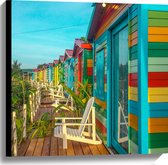 WallClassics - Canvas - Houten Gekleurde Huisjes - 60x60 cm Foto op Canvas Schilderij (Wanddecoratie op Canvas)