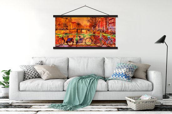 Porte-affiche avec affiche - Affiche scolaire - Peinture - Vélo - Amsterdam - Canal - Peinture à l'huile - 120x60 cm - Lattes noires
