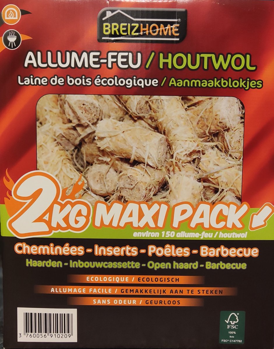Breizhome Houtwol Aanmaakblokjes / aanmaakkrullen - Maxipack ca. 150 stuks 2kg - Aanmaakwokkels FSC® - BBQ & Haard