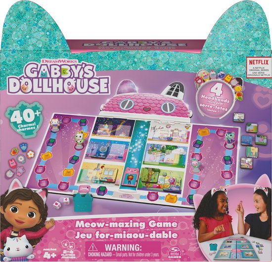Doos van Gabby's Poppenhuis Meow-mazing spel met spelbord, figuurtjes, hoofdbanden en afbeelding van het spel.
