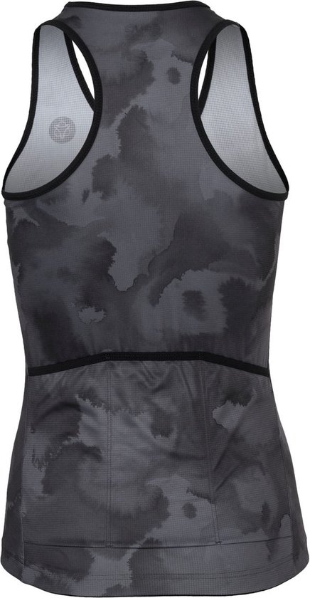 Achterkant van een dames tanktop in zwart met abstract camouflage-achtig patroon. Racerback model.