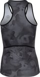Achterkant van een dames tanktop in zwart met abstract camouflage-achtig patroon. Racerback model.