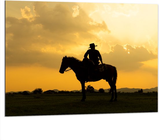 Dibond - Silhouet van Cowboy op zijn Paard tijdens Mooie Zomerse Zonsondergang - 100x75 cm Foto op Aluminium (Wanddecoratie van metaal)