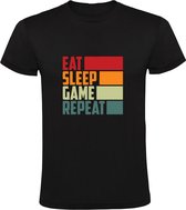 EAT SLEEP GAME REPEAT Heren T-shirt | hobby | eten | slapen | videogame | spelcomputer | levensstijl | grappig | Zwart