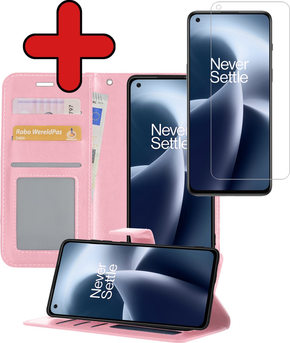 Hoesje - Met Screenprotector - Geschikt voor OnePlus Nord 2T - Luxe Pasjeshouder - Flipcase - Bookcase Portemonee - Flip Case - Kunstleer Book Case - Book Cover - Walletcase - Portemonneehoes - Telefoonhoes - Lichtroze