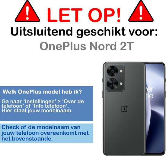 Advertentie met de tekst 'LET OP! Uitsluitend geschikt voor: OnePlus Nord 2T'. Toont een OnePlus Nord 2T telefoon.