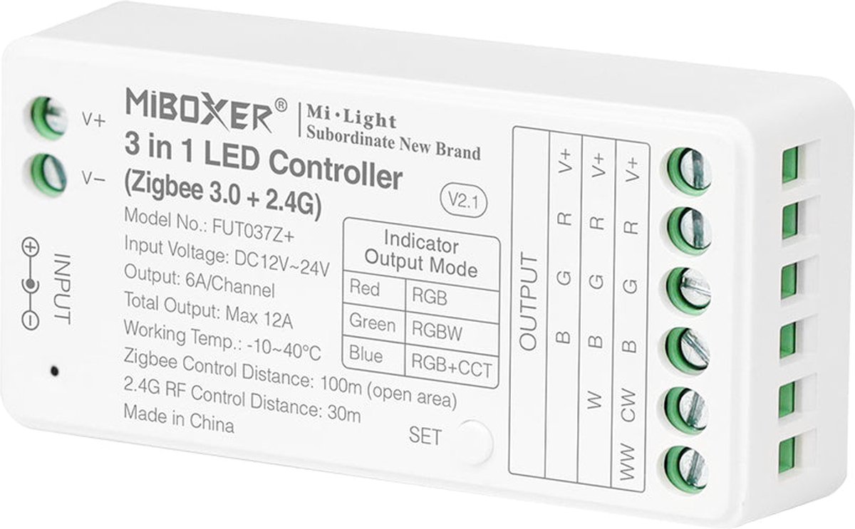 Mi-Light Mi-Boxer - (FUT037Z+) - 3 in 1 LED controller - RGB + RGBW + RGB+CCT (Zigbee 3.0 + 2.4GHz) - Voor besturing van een RGB, RGBW of RGB+CCT LED strip - Zigbee bediening en/of Mi-boxer 2.4GHz afstandsbediening - Voedingsadapter niet inbegrepen