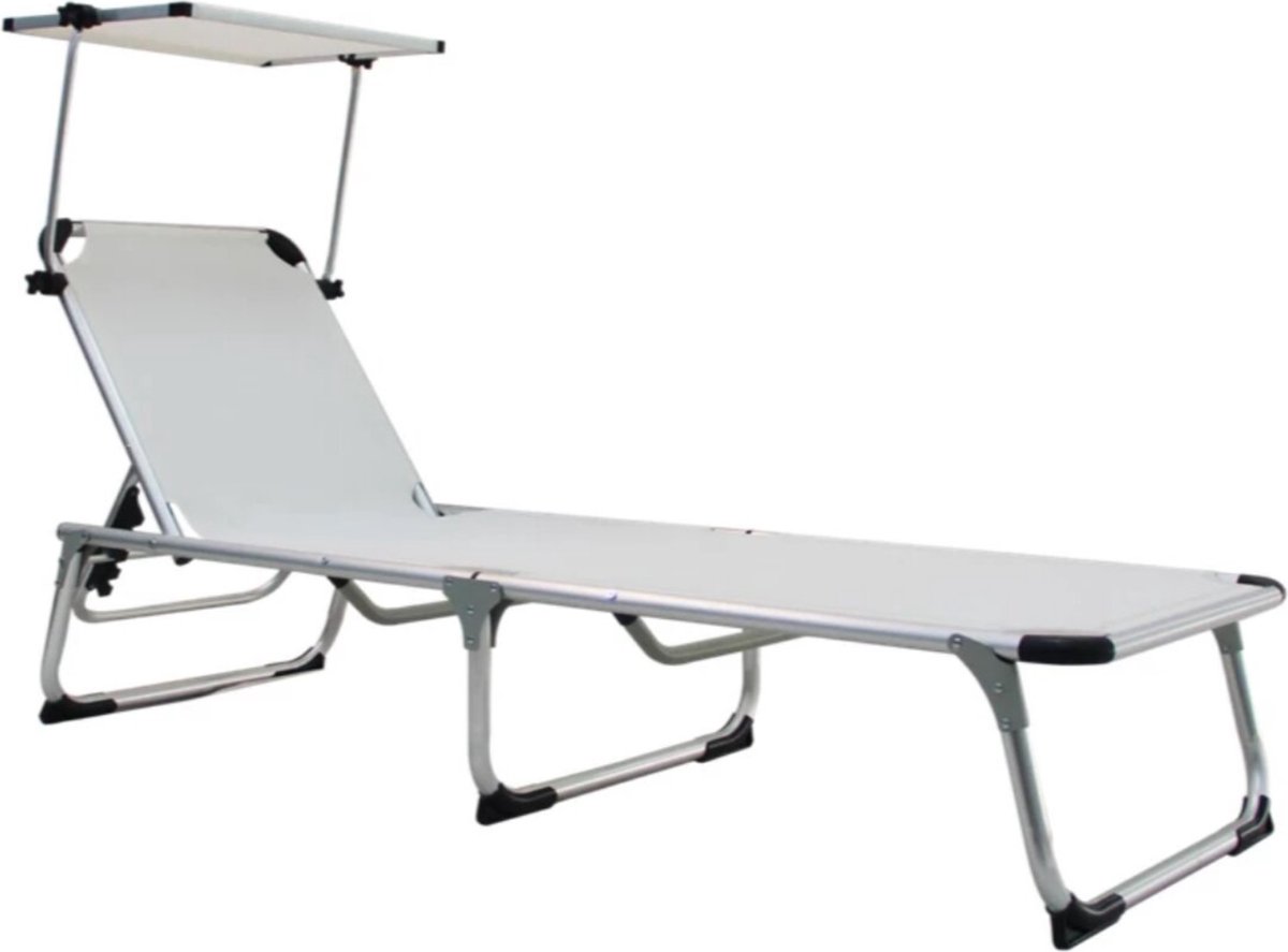 GENERIC - Ligstoel AZUR - Tuinligstoel met 5-voudig verstelbare rugleuning - Opklapbare ligstoel - Ligstoel met dak - Met zonnedak - L.188 x B.61 x H.30/80 cm - Aluminium - Textilene - Wit