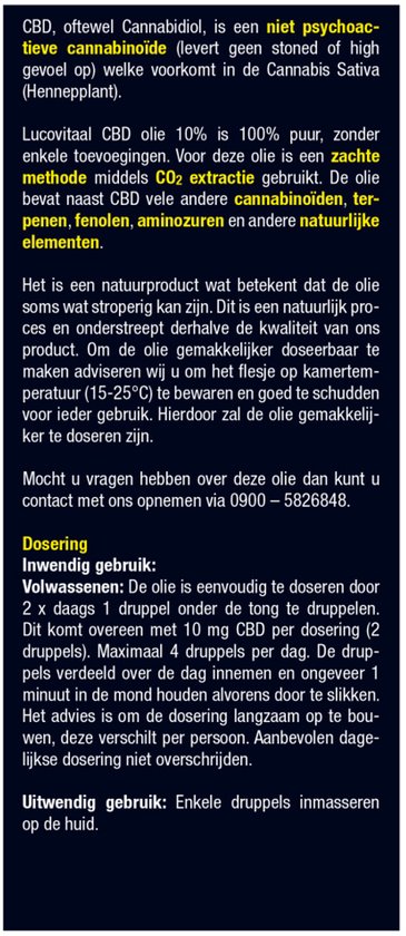 Lucovitaal CBD olie 10% Puur, zonder toevoeging. CO2 extractie methode. 30 ML.