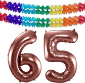 Folat folie ballonnen - Leeftijd cijfer 65 - brons - 86 cm - en 2x slingers