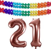 Folat folie ballonnen - Leeftijd cijfer 21 - brons - 86 cm - en 2x slingers