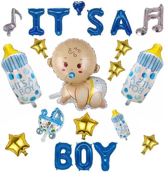 Gender Reveal Ballon - Gender Reveal Versiering - Geboorte Versiering Jongen - Baby Shower - 23 Items - Blauw - Wit - Zilver - Fienosa