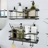 KINCMAX Set of 2 Shower Storage Shelves - Kitchen or Bathroom Basket without Drilling - Black Wall Storage Shelf for Shower & Bath with Hooks for Accessories