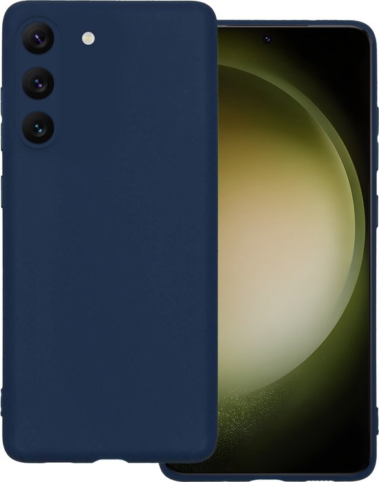 Étui bleu marine à côté d'un téléphone Samsung avec fond d'écran vert-beige.