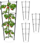 Relaxdays plantensteun - set van 4 - klimhulp - 45 cm - tomatensteun - 3 ringen - zwart
