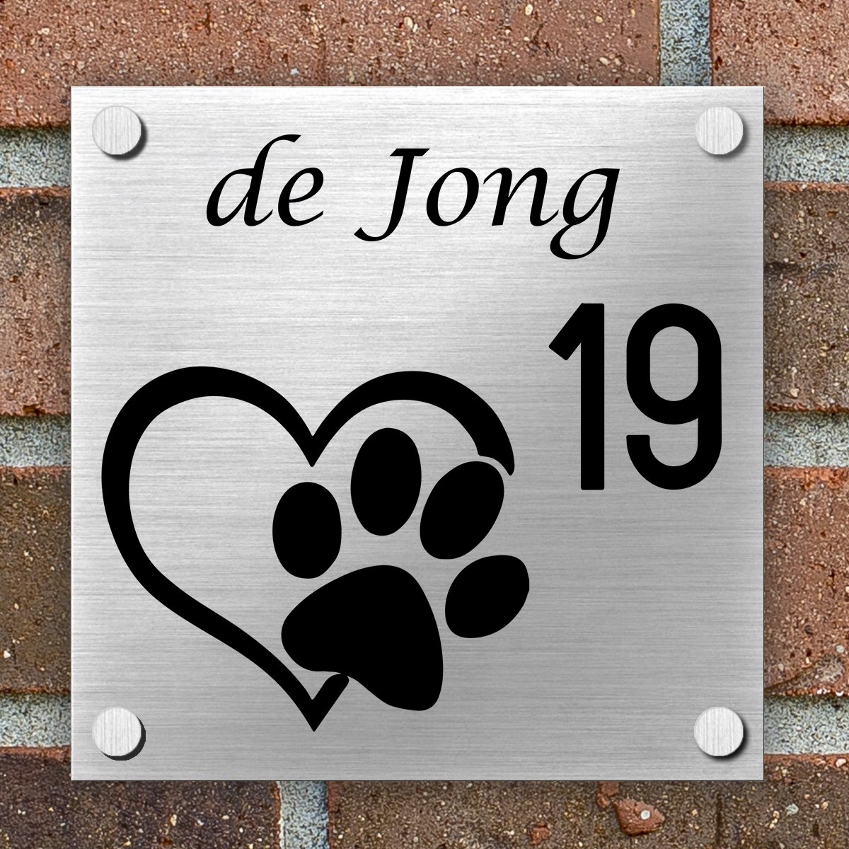 Naambordje voordeur Huis - Bord - Naam en Huisnummer - 15 x 15 cm - Brushed Aluminium - Hart pootje hond