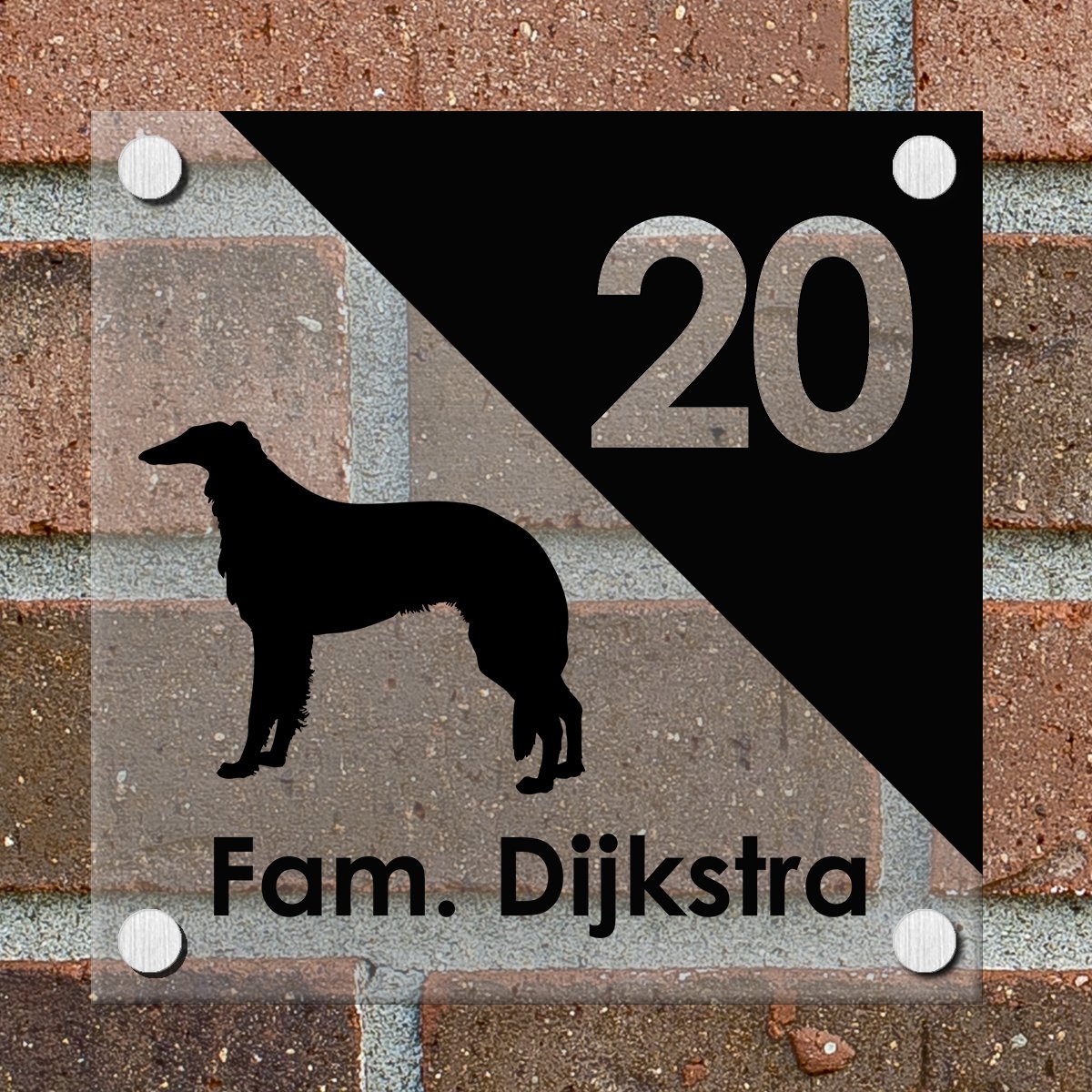 Naambordje voordeur Huis - Bord - Naam en Huisnummer - 15 x 15 cm - Plexiglas - Hond - Incl. Bevestigingsset + RVS afstandhouders