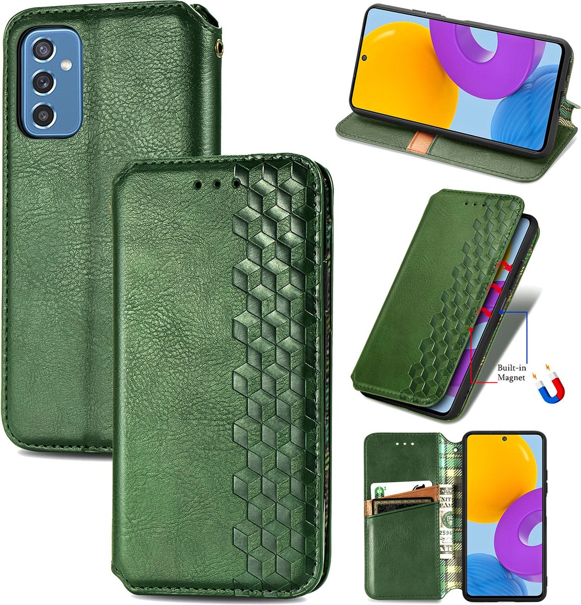 Luxe PU Lederen Ruitpatroon Wallet Case + PMMA Screenprotector voor Galaxy M23 5G _ Groen