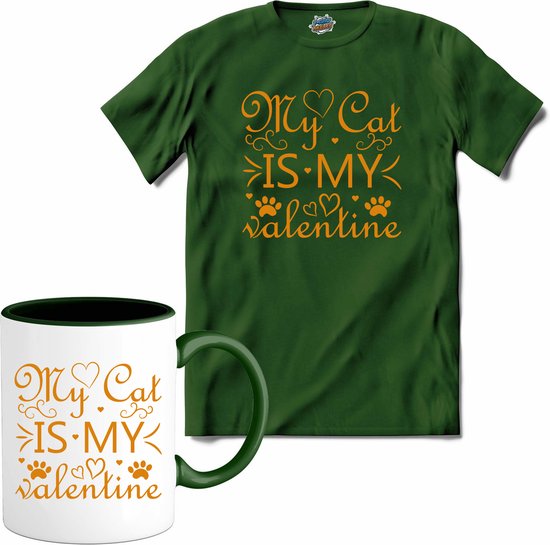 My Cat Is My Valentine | Valentijn - Valentijnsdag - Cadeau - Kado - T-Shirt met mok - Unisex - Bottle Groen - Maat 3XL