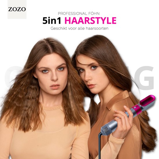Twee vrouwen met los haar worden getoond, één met een grijze en roze 5-in-1 haarstyler.