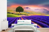 Behang - Fotobehang Schilderij van een lavendel veld - Breedte 330 cm x hoogte 220 cm