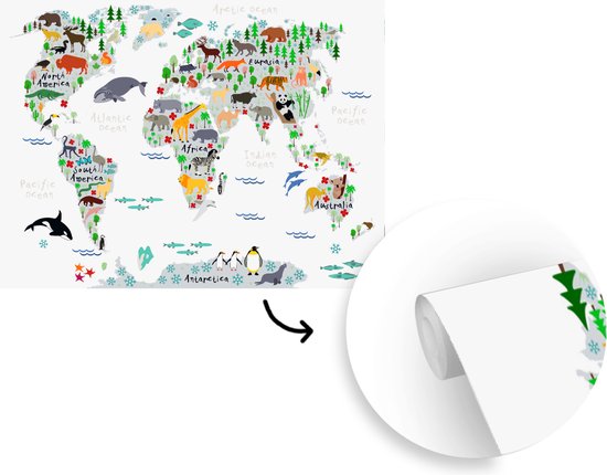 Papier peint - Papiers Papier peint photo Wereldkaart - Enfants - Animaux - Plantes - Largeur 375 cm x Hauteur 280 cm