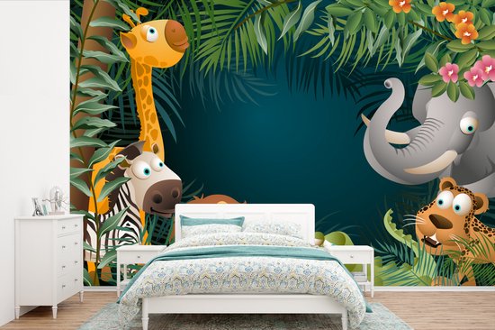 Behang kinderkamer - Fotobehang Kleuren - Jungle dieren - Bladeren - Meisjes - Jongetjes - Kinderen - Breedte 600 cm x hoogte 400 cm - Kinderbehang