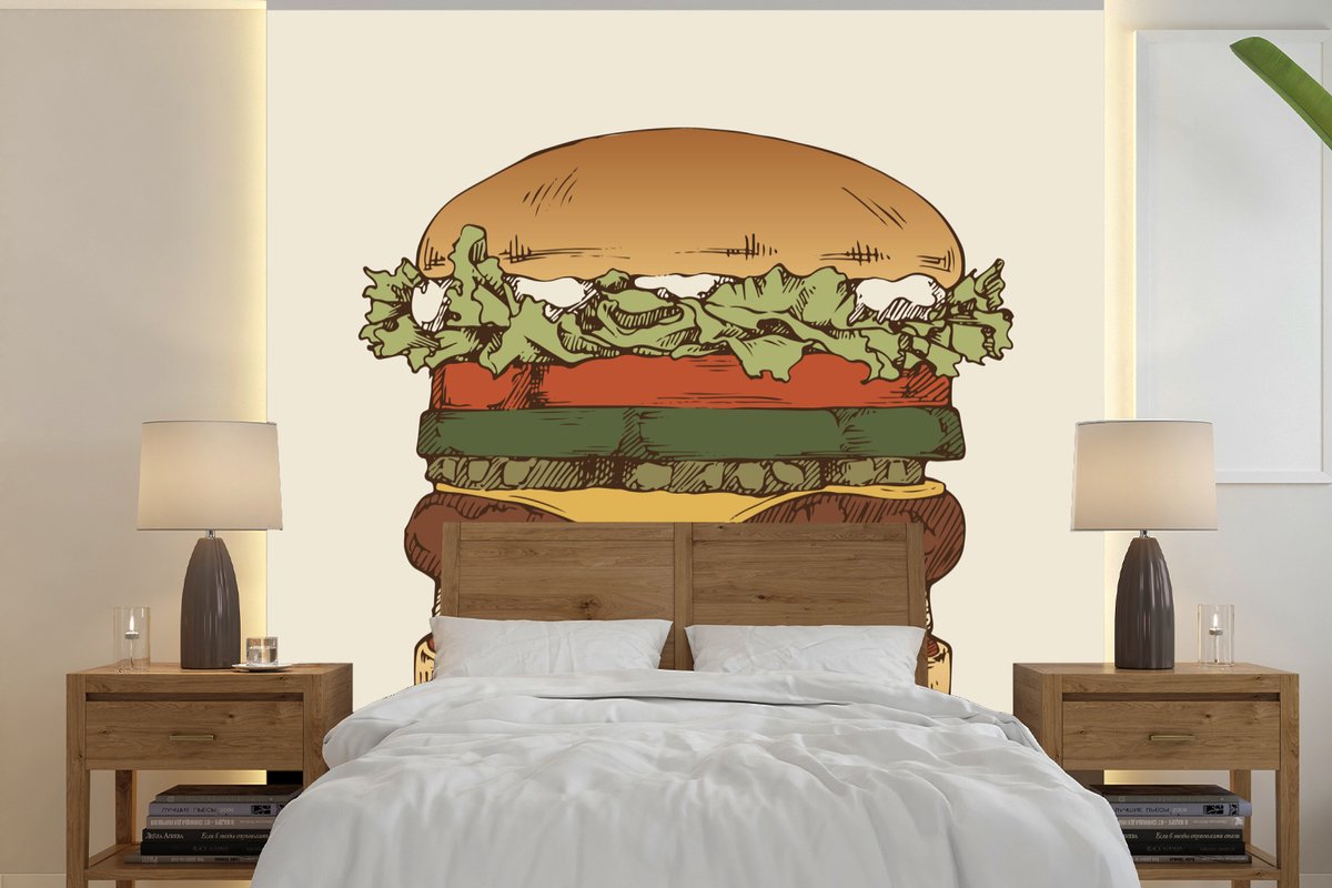 Behang - Fotobehang een klassieke hamburger - Breedte 220 cm x hoogte 220 cm
