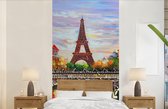 Behang - Fotobehang Schilderij - Olieverf - Eiffeltoren - Parijs - Water - Breedte 120 cm x hoogte 240 cm