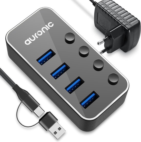 Auronic USB Hub 3.0 - USB Splitter met 4 Poorten - met Voeding - 5 GBPs - Led Indicatie - Zwart