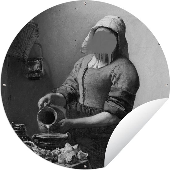 Tuincirkel Het melkmeisje - Johannes Vermeer - Zwart - Wit - 60x60 cm - Ronde Tuinposter - Buiten