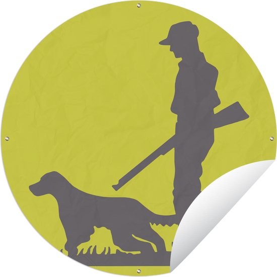 Tuincirkel Een illustratie van een jager en zijn hond - 120x120 cm - Ronde Tuinposter - Buiten XXL / Groot formaat!