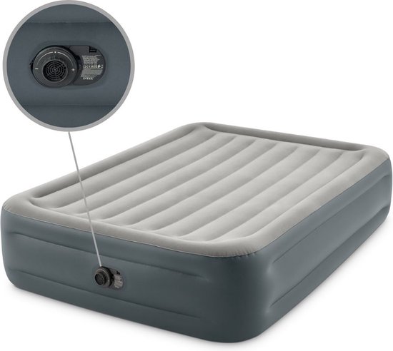 Intex Airbed Set - 2-Person - 152 x 203 x 46 cm - Grijs - Avec Pompe intégrée + Hoeslaken Anthracite + Kit de réparation