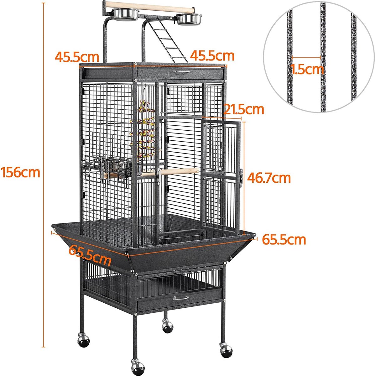 Papa Simba Vogelkooi, vogelvolière, vogelhuis voor papegaaien 65,5 x 65,5 x 156 cm, zwart , HMTM-BC-10013-Black thumbnail 4