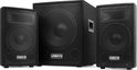 Set van drie zwarte Vonyx luidsprekers: twee kleinere speakers en een subwoofer.