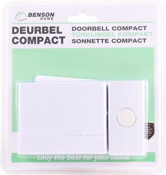 Witte draadloze deurbelset in verpakking. Deurbel met een beige knop. Tekst: DEURBEL COMPACT, SONNETTE COMPACT.