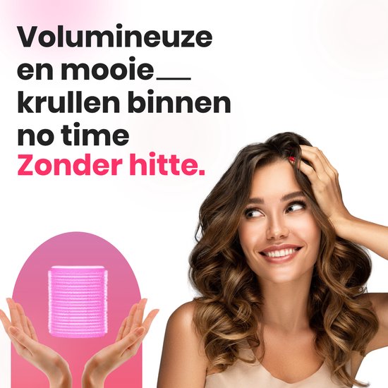 Vrouw met volumineuze, glanzende krullen en een brede glimlach, haar hand achter haar hoofd. Een inset toont twee handen die roze krullers vasthouden.