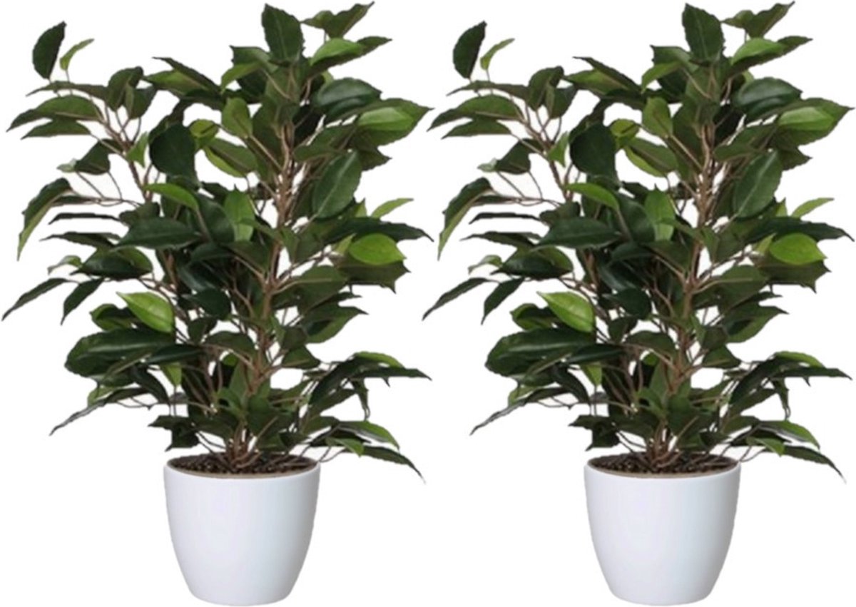 Mica Decorations 2x stuks groene ficus kunstplant 40 cm met plantenpot glanzend wit D13.5 en H12.5 cm