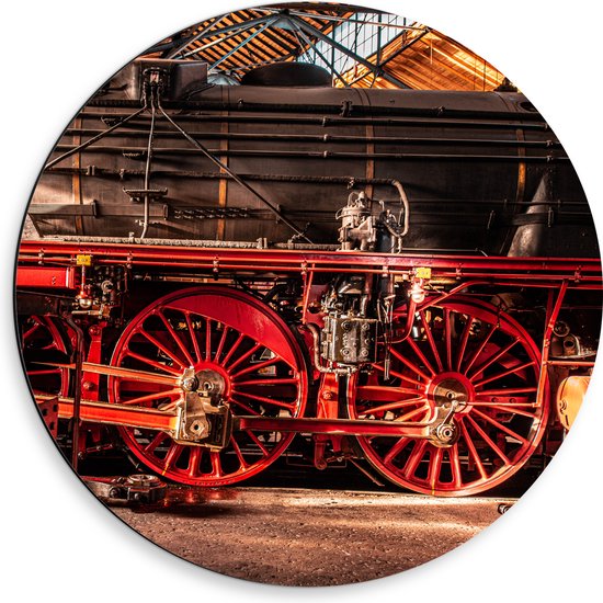 WallClassics - Dibond Muurcirkel - Zwarte Trein met rode Wielen - 50x50 cm Foto op Aluminium Muurcirkel (met ophangsysteem)