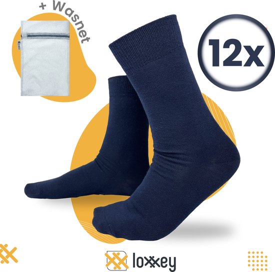 Loxxey® - Katoen - 12 Paar - Heren & Dames - Naadloos - Maat 39-42 - Donkerblauw + Wasnet 33x22cm