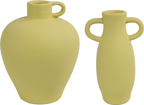 Countryfield Vazen set 2x stuks - geel terracotta - H20 en H22 cm - smalle opening