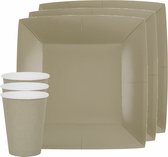 Santex feest/verjaardag servies set - 20x bordjes en bekertjes - taupe/beige - karton