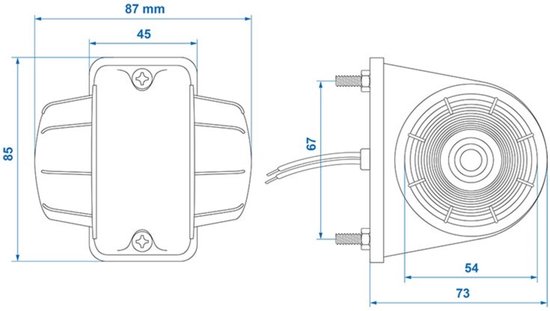Technische tekening van een rode en witte markeringslamp met afmetingen.