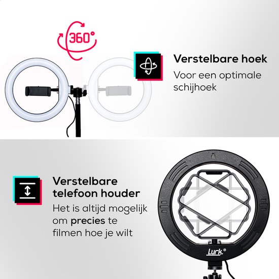 Ringlamp met verstelbare hoek en telefoonhouder voor optimale opname.