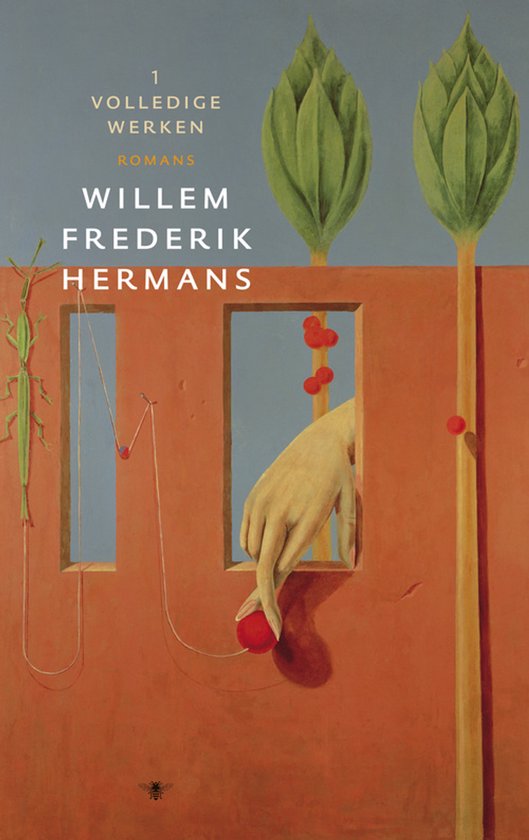 De cover van 'Volledige Werken 1 Romans' van Willem Frederik Hermans, met een surrealistisch schilderij van een oranje muur met ramen, een groene bidsprinkhaan en een hand met een rode bal.