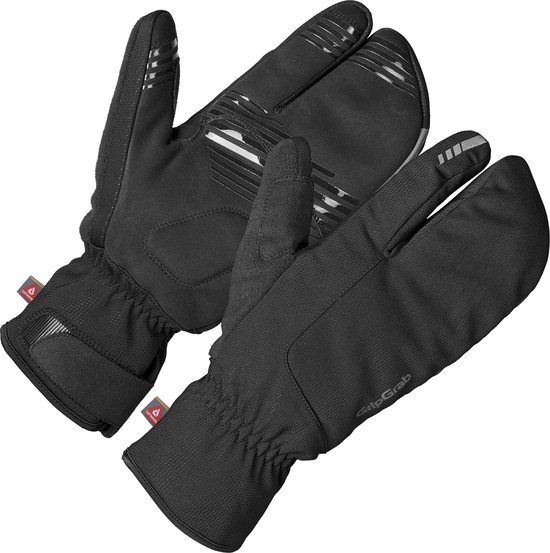 Zwarte lobsterhandschoenen met reflecterende strepen en GripGrab logo.